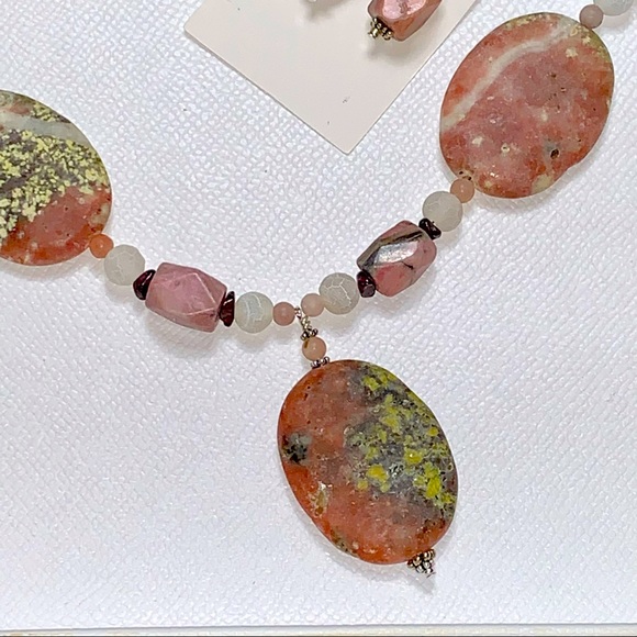 Jewelry - Handcrafted Lepidolite Rhodonite Garnet 925 Necklace & Earrings “Peace Stone”
